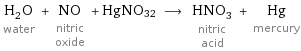 H_2O water + NO nitric oxide + HgNO32 ⟶ HNO_3 nitric acid + Hg mercury