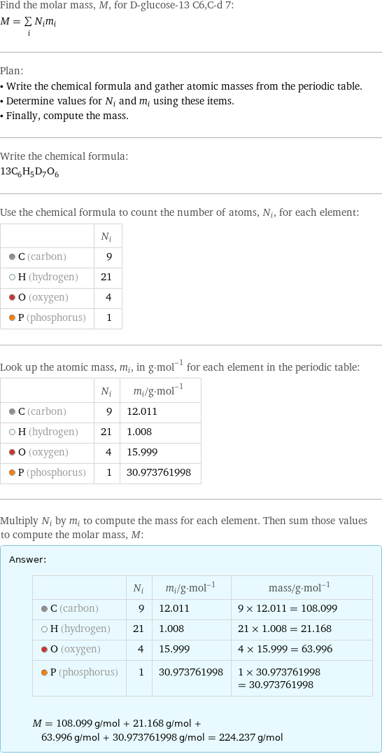 Find the molar mass, M, for D-glucose-13 C6, C-d 7: M = sum _iN_im_i Plan: • Write the chemical formula and gather atomic masses from the periodic table. • Determine values for N_i and m_i using these items. • Finally, compute the mass. Write the chemical formula: 13C_6H_5D_7O_6 Use the chemical formula to count the number of atoms, N_i, for each element:  | N_i  C (carbon) | 9  H (hydrogen) | 21  O (oxygen) | 4  P (phosphorus) | 1 Look up the atomic mass, m_i, in g·mol^(-1) for each element in the periodic table:  | N_i | m_i/g·mol^(-1)  C (carbon) | 9 | 12.011  H (hydrogen) | 21 | 1.008  O (oxygen) | 4 | 15.999  P (phosphorus) | 1 | 30.973761998 Multiply N_i by m_i to compute the mass for each element. Then sum those values to compute the molar mass, M: Answer: |   | | N_i | m_i/g·mol^(-1) | mass/g·mol^(-1)  C (carbon) | 9 | 12.011 | 9 × 12.011 = 108.099  H (hydrogen) | 21 | 1.008 | 21 × 1.008 = 21.168  O (oxygen) | 4 | 15.999 | 4 × 15.999 = 63.996  P (phosphorus) | 1 | 30.973761998 | 1 × 30.973761998 = 30.973761998  M = 108.099 g/mol + 21.168 g/mol + 63.996 g/mol + 30.973761998 g/mol = 224.237 g/mol