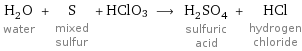 H_2O water + S mixed sulfur + HClO3 ⟶ H_2SO_4 sulfuric acid + HCl hydrogen chloride