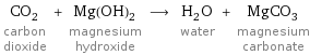 CO_2 carbon dioxide + Mg(OH)_2 magnesium hydroxide ⟶ H_2O water + MgCO_3 magnesium carbonate