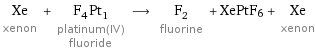 Xe xenon + F_4Pt_1 platinum(IV) fluoride ⟶ F_2 fluorine + XePtF6 + Xe xenon