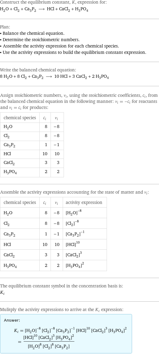 Construct the equilibrium constant, K, expression for: H_2O + Cl_2 + Ca_3P_2 ⟶ HCl + CaCl_2 + H_3PO_4 Plan: • Balance the chemical equation. • Determine the stoichiometric numbers. • Assemble the activity expression for each chemical species. • Use the activity expressions to build the equilibrium constant expression. Write the balanced chemical equation: 8 H_2O + 8 Cl_2 + Ca_3P_2 ⟶ 10 HCl + 3 CaCl_2 + 2 H_3PO_4 Assign stoichiometric numbers, ν_i, using the stoichiometric coefficients, c_i, from the balanced chemical equation in the following manner: ν_i = -c_i for reactants and ν_i = c_i for products: chemical species | c_i | ν_i H_2O | 8 | -8 Cl_2 | 8 | -8 Ca_3P_2 | 1 | -1 HCl | 10 | 10 CaCl_2 | 3 | 3 H_3PO_4 | 2 | 2 Assemble the activity expressions accounting for the state of matter and ν_i: chemical species | c_i | ν_i | activity expression H_2O | 8 | -8 | ([H2O])^(-8) Cl_2 | 8 | -8 | ([Cl2])^(-8) Ca_3P_2 | 1 | -1 | ([Ca3P2])^(-1) HCl | 10 | 10 | ([HCl])^10 CaCl_2 | 3 | 3 | ([CaCl2])^3 H_3PO_4 | 2 | 2 | ([H3PO4])^2 The equilibrium constant symbol in the concentration basis is: K_c Mulitply the activity expressions to arrive at the K_c expression: Answer: |   | K_c = ([H2O])^(-8) ([Cl2])^(-8) ([Ca3P2])^(-1) ([HCl])^10 ([CaCl2])^3 ([H3PO4])^2 = (([HCl])^10 ([CaCl2])^3 ([H3PO4])^2)/(([H2O])^8 ([Cl2])^8 [Ca3P2])