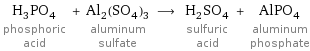 H_3PO_4 phosphoric acid + Al_2(SO_4)_3 aluminum sulfate ⟶ H_2SO_4 sulfuric acid + AlPO_4 aluminum phosphate