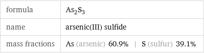 formula | As_2S_3 name | arsenic(III) sulfide mass fractions | As (arsenic) 60.9% | S (sulfur) 39.1%