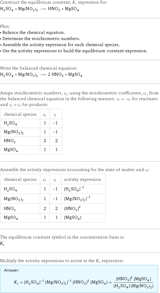 Construct the equilibrium constant, K, expression for: H_2SO_4 + Mg(NO_3)_2 ⟶ HNO_3 + MgSO_4 Plan: • Balance the chemical equation. • Determine the stoichiometric numbers. • Assemble the activity expression for each chemical species. • Use the activity expressions to build the equilibrium constant expression. Write the balanced chemical equation: H_2SO_4 + Mg(NO_3)_2 ⟶ 2 HNO_3 + MgSO_4 Assign stoichiometric numbers, ν_i, using the stoichiometric coefficients, c_i, from the balanced chemical equation in the following manner: ν_i = -c_i for reactants and ν_i = c_i for products: chemical species | c_i | ν_i H_2SO_4 | 1 | -1 Mg(NO_3)_2 | 1 | -1 HNO_3 | 2 | 2 MgSO_4 | 1 | 1 Assemble the activity expressions accounting for the state of matter and ν_i: chemical species | c_i | ν_i | activity expression H_2SO_4 | 1 | -1 | ([H2SO4])^(-1) Mg(NO_3)_2 | 1 | -1 | ([Mg(NO3)2])^(-1) HNO_3 | 2 | 2 | ([HNO3])^2 MgSO_4 | 1 | 1 | [MgSO4] The equilibrium constant symbol in the concentration basis is: K_c Mulitply the activity expressions to arrive at the K_c expression: Answer: |   | K_c = ([H2SO4])^(-1) ([Mg(NO3)2])^(-1) ([HNO3])^2 [MgSO4] = (([HNO3])^2 [MgSO4])/([H2SO4] [Mg(NO3)2])