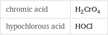 chromic acid | H_2CrO_4 hypochlorous acid | HOCl