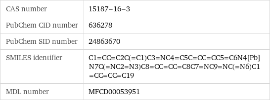 CAS number | 15187-16-3 PubChem CID number | 636278 PubChem SID number | 24863670 SMILES identifier | C1=CC=C2C(=C1)C3=NC4=C5C=CC=CC5=C6N4[Pb]N7C(=NC2=N3)C8=CC=CC=C8C7=NC9=NC(=N6)C1=CC=CC=C19 MDL number | MFCD00053951