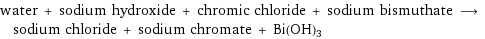 water + sodium hydroxide + chromic chloride + sodium bismuthate ⟶ sodium chloride + sodium chromate + Bi(OH)3