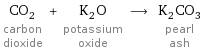 CO_2 carbon dioxide + K_2O potassium oxide ⟶ K_2CO_3 pearl ash