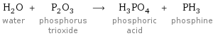 H_2O water + P_2O_3 phosphorus trioxide ⟶ H_3PO_4 phosphoric acid + PH_3 phosphine