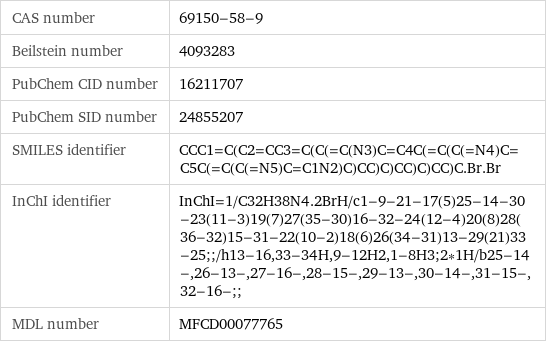 CAS number | 69150-58-9 Beilstein number | 4093283 PubChem CID number | 16211707 PubChem SID number | 24855207 SMILES identifier | CCC1=C(C2=CC3=C(C(=C(N3)C=C4C(=C(C(=N4)C=C5C(=C(C(=N5)C=C1N2)C)CC)C)CC)C)CC)C.Br.Br InChI identifier | InChI=1/C32H38N4.2BrH/c1-9-21-17(5)25-14-30-23(11-3)19(7)27(35-30)16-32-24(12-4)20(8)28(36-32)15-31-22(10-2)18(6)26(34-31)13-29(21)33-25;;/h13-16, 33-34H, 9-12H2, 1-8H3;2*1H/b25-14-, 26-13-, 27-16-, 28-15-, 29-13-, 30-14-, 31-15-, 32-16-;; MDL number | MFCD00077765