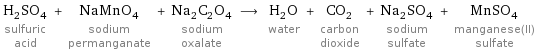 H_2SO_4 sulfuric acid + NaMnO_4 sodium permanganate + Na_2C_2O_4 sodium oxalate ⟶ H_2O water + CO_2 carbon dioxide + Na_2SO_4 sodium sulfate + MnSO_4 manganese(II) sulfate