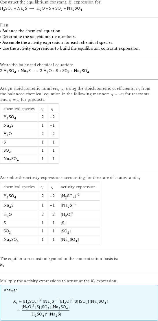 Construct the equilibrium constant, K, expression for: H_2SO_4 + Na_2S ⟶ H_2O + S + SO_2 + Na_2SO_4 Plan: • Balance the chemical equation. • Determine the stoichiometric numbers. • Assemble the activity expression for each chemical species. • Use the activity expressions to build the equilibrium constant expression. Write the balanced chemical equation: 2 H_2SO_4 + Na_2S ⟶ 2 H_2O + S + SO_2 + Na_2SO_4 Assign stoichiometric numbers, ν_i, using the stoichiometric coefficients, c_i, from the balanced chemical equation in the following manner: ν_i = -c_i for reactants and ν_i = c_i for products: chemical species | c_i | ν_i H_2SO_4 | 2 | -2 Na_2S | 1 | -1 H_2O | 2 | 2 S | 1 | 1 SO_2 | 1 | 1 Na_2SO_4 | 1 | 1 Assemble the activity expressions accounting for the state of matter and ν_i: chemical species | c_i | ν_i | activity expression H_2SO_4 | 2 | -2 | ([H2SO4])^(-2) Na_2S | 1 | -1 | ([Na2S])^(-1) H_2O | 2 | 2 | ([H2O])^2 S | 1 | 1 | [S] SO_2 | 1 | 1 | [SO2] Na_2SO_4 | 1 | 1 | [Na2SO4] The equilibrium constant symbol in the concentration basis is: K_c Mulitply the activity expressions to arrive at the K_c expression: Answer: |   | K_c = ([H2SO4])^(-2) ([Na2S])^(-1) ([H2O])^2 [S] [SO2] [Na2SO4] = (([H2O])^2 [S] [SO2] [Na2SO4])/(([H2SO4])^2 [Na2S])