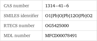 CAS number | 1314-41-6 SMILES identifier | O1[Pb]O[Pb]12O[Pb]O2 RTECS number | OG5425000 MDL number | MFCD00078491