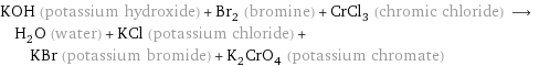 KOH (potassium hydroxide) + Br_2 (bromine) + CrCl_3 (chromic chloride) ⟶ H_2O (water) + KCl (potassium chloride) + KBr (potassium bromide) + K_2CrO_4 (potassium chromate)