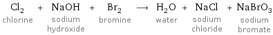 Cl_2 chlorine + NaOH sodium hydroxide + Br_2 bromine ⟶ H_2O water + NaCl sodium chloride + NaBrO_3 sodium bromate