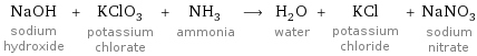 NaOH sodium hydroxide + KClO_3 potassium chlorate + NH_3 ammonia ⟶ H_2O water + KCl potassium chloride + NaNO_3 sodium nitrate