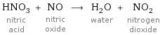 HNO_3 nitric acid + NO nitric oxide ⟶ H_2O water + NO_2 nitrogen dioxide