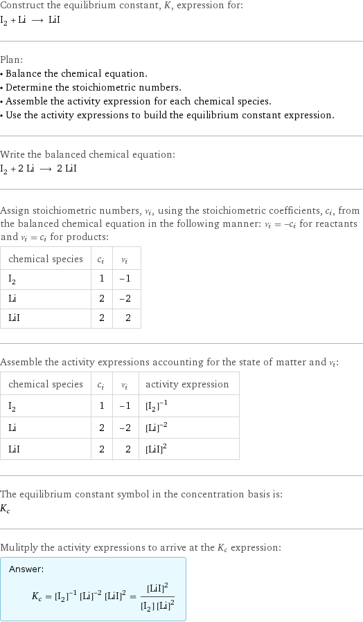 Construct the equilibrium constant, K, expression for: I_2 + Li ⟶ LiI Plan: • Balance the chemical equation. • Determine the stoichiometric numbers. • Assemble the activity expression for each chemical species. • Use the activity expressions to build the equilibrium constant expression. Write the balanced chemical equation: I_2 + 2 Li ⟶ 2 LiI Assign stoichiometric numbers, ν_i, using the stoichiometric coefficients, c_i, from the balanced chemical equation in the following manner: ν_i = -c_i for reactants and ν_i = c_i for products: chemical species | c_i | ν_i I_2 | 1 | -1 Li | 2 | -2 LiI | 2 | 2 Assemble the activity expressions accounting for the state of matter and ν_i: chemical species | c_i | ν_i | activity expression I_2 | 1 | -1 | ([I2])^(-1) Li | 2 | -2 | ([Li])^(-2) LiI | 2 | 2 | ([LiI])^2 The equilibrium constant symbol in the concentration basis is: K_c Mulitply the activity expressions to arrive at the K_c expression: Answer: |   | K_c = ([I2])^(-1) ([Li])^(-2) ([LiI])^2 = ([LiI])^2/([I2] ([Li])^2)