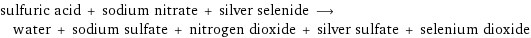 sulfuric acid + sodium nitrate + silver selenide ⟶ water + sodium sulfate + nitrogen dioxide + silver sulfate + selenium dioxide