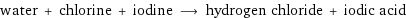 water + chlorine + iodine ⟶ hydrogen chloride + iodic acid