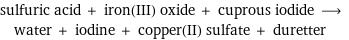 sulfuric acid + iron(III) oxide + cuprous iodide ⟶ water + iodine + copper(II) sulfate + duretter