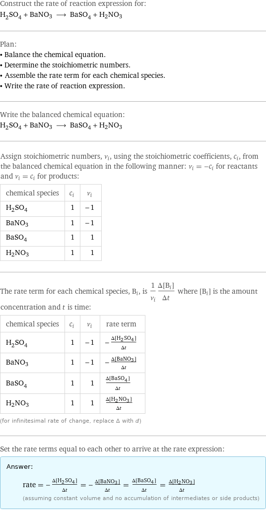 Construct the rate of reaction expression for: H_2SO_4 + BaNO3 ⟶ BaSO_4 + H2NO3 Plan: • Balance the chemical equation. • Determine the stoichiometric numbers. • Assemble the rate term for each chemical species. • Write the rate of reaction expression. Write the balanced chemical equation: H_2SO_4 + BaNO3 ⟶ BaSO_4 + H2NO3 Assign stoichiometric numbers, ν_i, using the stoichiometric coefficients, c_i, from the balanced chemical equation in the following manner: ν_i = -c_i for reactants and ν_i = c_i for products: chemical species | c_i | ν_i H_2SO_4 | 1 | -1 BaNO3 | 1 | -1 BaSO_4 | 1 | 1 H2NO3 | 1 | 1 The rate term for each chemical species, B_i, is 1/ν_i(Δ[B_i])/(Δt) where [B_i] is the amount concentration and t is time: chemical species | c_i | ν_i | rate term H_2SO_4 | 1 | -1 | -(Δ[H2SO4])/(Δt) BaNO3 | 1 | -1 | -(Δ[BaNO3])/(Δt) BaSO_4 | 1 | 1 | (Δ[BaSO4])/(Δt) H2NO3 | 1 | 1 | (Δ[H2NO3])/(Δt) (for infinitesimal rate of change, replace Δ with d) Set the rate terms equal to each other to arrive at the rate expression: Answer: |   | rate = -(Δ[H2SO4])/(Δt) = -(Δ[BaNO3])/(Δt) = (Δ[BaSO4])/(Δt) = (Δ[H2NO3])/(Δt) (assuming constant volume and no accumulation of intermediates or side products)