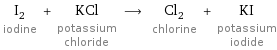 I_2 iodine + KCl potassium chloride ⟶ Cl_2 chlorine + KI potassium iodide