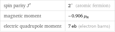 spin parity J^π | 2^- (atomic fermion) magnetic moment | -0.906 μ_N electric quadrupole moment | 7 eb (electron barns)