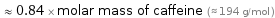  ≈ 0.84 × molar mass of caffeine (≈ 194 g/mol )