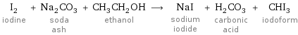 I_2 iodine + Na_2CO_3 soda ash + CH_3CH_2OH ethanol ⟶ NaI sodium iodide + H_2CO_3 carbonic acid + CHI_3 iodoform