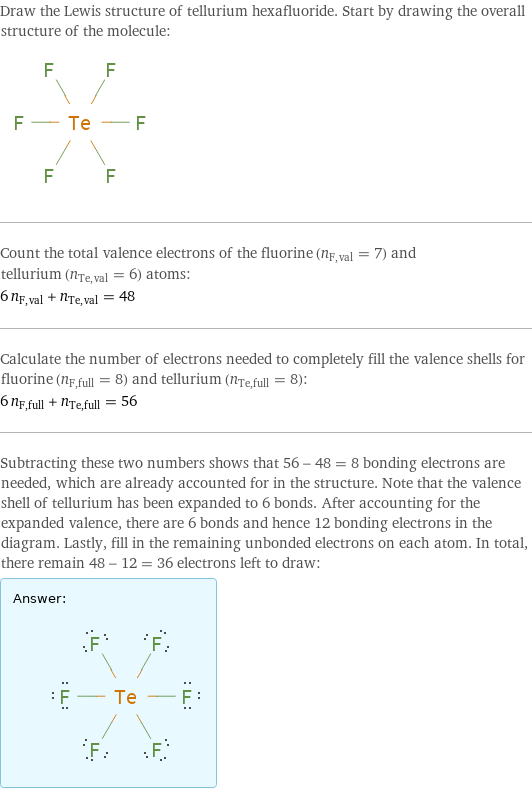 Draw the Lewis structure of tellurium hexafluoride. Start by drawing the overall structure of the molecule:  Count the total valence electrons of the fluorine (n_F, val = 7) and tellurium (n_Te, val = 6) atoms: 6 n_F, val + n_Te, val = 48 Calculate the number of electrons needed to completely fill the valence shells for fluorine (n_F, full = 8) and tellurium (n_Te, full = 8): 6 n_F, full + n_Te, full = 56 Subtracting these two numbers shows that 56 - 48 = 8 bonding electrons are needed, which are already accounted for in the structure. Note that the valence shell of tellurium has been expanded to 6 bonds. After accounting for the expanded valence, there are 6 bonds and hence 12 bonding electrons in the diagram. Lastly, fill in the remaining unbonded electrons on each atom. In total, there remain 48 - 12 = 36 electrons left to draw: Answer: |   | 