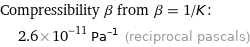 Compressibility β from β = 1/K:  | 2.6×10^-11 Pa^(-1) (reciprocal pascals)