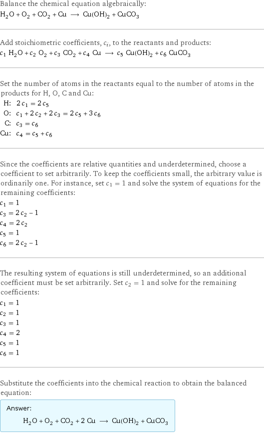 Balance the chemical equation algebraically: H_2O + O_2 + CO_2 + Cu ⟶ Cu(OH)_2 + CuCO_3 Add stoichiometric coefficients, c_i, to the reactants and products: c_1 H_2O + c_2 O_2 + c_3 CO_2 + c_4 Cu ⟶ c_5 Cu(OH)_2 + c_6 CuCO_3 Set the number of atoms in the reactants equal to the number of atoms in the products for H, O, C and Cu: H: | 2 c_1 = 2 c_5 O: | c_1 + 2 c_2 + 2 c_3 = 2 c_5 + 3 c_6 C: | c_3 = c_6 Cu: | c_4 = c_5 + c_6 Since the coefficients are relative quantities and underdetermined, choose a coefficient to set arbitrarily. To keep the coefficients small, the arbitrary value is ordinarily one. For instance, set c_1 = 1 and solve the system of equations for the remaining coefficients: c_1 = 1 c_3 = 2 c_2 - 1 c_4 = 2 c_2 c_5 = 1 c_6 = 2 c_2 - 1 The resulting system of equations is still underdetermined, so an additional coefficient must be set arbitrarily. Set c_2 = 1 and solve for the remaining coefficients: c_1 = 1 c_2 = 1 c_3 = 1 c_4 = 2 c_5 = 1 c_6 = 1 Substitute the coefficients into the chemical reaction to obtain the balanced equation: Answer: |   | H_2O + O_2 + CO_2 + 2 Cu ⟶ Cu(OH)_2 + CuCO_3