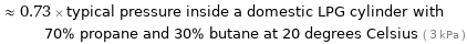  ≈ 0.73 × typical pressure inside a domestic LPG cylinder with 70% propane and 30% butane at 20 degrees Celsius ( 3 kPa )