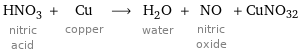 HNO_3 nitric acid + Cu copper ⟶ H_2O water + NO nitric oxide + CuNO32