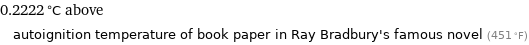 0.2222 °C above autoignition temperature of book paper in Ray Bradbury's famous novel (451 °F)