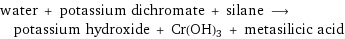 water + potassium dichromate + silane ⟶ potassium hydroxide + Cr(OH)3 + metasilicic acid