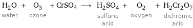 H_2O water + O_3 ozone + CrSO4 ⟶ H_2SO_4 sulfuric acid + O_2 oxygen + H_2Cr_2O_7 dichromic acid