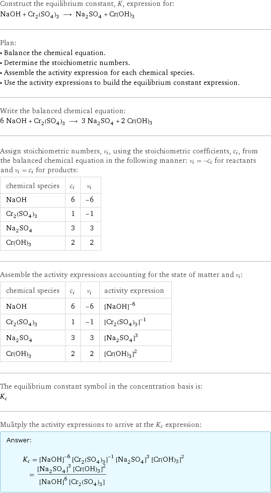 Construct the equilibrium constant, K, expression for: NaOH + Cr_2(SO_4)_3 ⟶ Na_2SO_4 + Cr(OH)3 Plan: • Balance the chemical equation. • Determine the stoichiometric numbers. • Assemble the activity expression for each chemical species. • Use the activity expressions to build the equilibrium constant expression. Write the balanced chemical equation: 6 NaOH + Cr_2(SO_4)_3 ⟶ 3 Na_2SO_4 + 2 Cr(OH)3 Assign stoichiometric numbers, ν_i, using the stoichiometric coefficients, c_i, from the balanced chemical equation in the following manner: ν_i = -c_i for reactants and ν_i = c_i for products: chemical species | c_i | ν_i NaOH | 6 | -6 Cr_2(SO_4)_3 | 1 | -1 Na_2SO_4 | 3 | 3 Cr(OH)3 | 2 | 2 Assemble the activity expressions accounting for the state of matter and ν_i: chemical species | c_i | ν_i | activity expression NaOH | 6 | -6 | ([NaOH])^(-6) Cr_2(SO_4)_3 | 1 | -1 | ([Cr2(SO4)3])^(-1) Na_2SO_4 | 3 | 3 | ([Na2SO4])^3 Cr(OH)3 | 2 | 2 | ([Cr(OH)3])^2 The equilibrium constant symbol in the concentration basis is: K_c Mulitply the activity expressions to arrive at the K_c expression: Answer: |   | K_c = ([NaOH])^(-6) ([Cr2(SO4)3])^(-1) ([Na2SO4])^3 ([Cr(OH)3])^2 = (([Na2SO4])^3 ([Cr(OH)3])^2)/(([NaOH])^6 [Cr2(SO4)3])