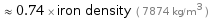  ≈ 0.74 × iron density ( 7874 kg/m^3 )