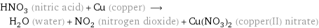 HNO_3 (nitric acid) + Cu (copper) ⟶ H_2O (water) + NO_2 (nitrogen dioxide) + Cu(NO_3)_2 (copper(II) nitrate)