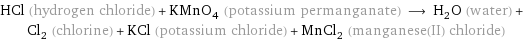 HCl (hydrogen chloride) + KMnO_4 (potassium permanganate) ⟶ H_2O (water) + Cl_2 (chlorine) + KCl (potassium chloride) + MnCl_2 (manganese(II) chloride)