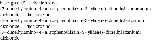 basic green 5 | dichlorozinc; (7-dimethylamino-4-nitro-phenothiazin-3-ylidene)-dimethyl-ammonium; dichloride | dichlorozinc; (7-dimethylamino-4-nitro-phenothiazin-3-ylidene)-dimethyl-azanium; dichloride | dichlorozinc; (7-dimethylamino-4-nitrophenothiazin-3-ylidene)-dimethylazanium; dichloride