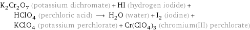 K_2Cr_2O_7 (potassium dichromate) + HI (hydrogen iodide) + HClO_4 (perchloric acid) ⟶ H_2O (water) + I_2 (iodine) + KClO_4 (potassium perchlorate) + Cr(ClO_4)_3 (chromium(III) perchlorate)