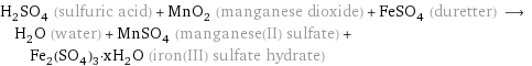 H_2SO_4 (sulfuric acid) + MnO_2 (manganese dioxide) + FeSO_4 (duretter) ⟶ H_2O (water) + MnSO_4 (manganese(II) sulfate) + Fe_2(SO_4)_3·xH_2O (iron(III) sulfate hydrate)