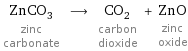 ZnCO_3 zinc carbonate ⟶ CO_2 carbon dioxide + ZnO zinc oxide