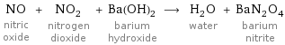 NO nitric oxide + NO_2 nitrogen dioxide + Ba(OH)_2 barium hydroxide ⟶ H_2O water + BaN_2O_4 barium nitrite