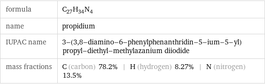 formula | C_27H_34N_4 name | propidium IUPAC name | 3-(3, 8-diamino-6-phenylphenanthridin-5-ium-5-yl)propyl-diethyl-methylazanium diiodide mass fractions | C (carbon) 78.2% | H (hydrogen) 8.27% | N (nitrogen) 13.5%