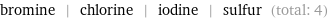 bromine | chlorine | iodine | sulfur (total: 4)